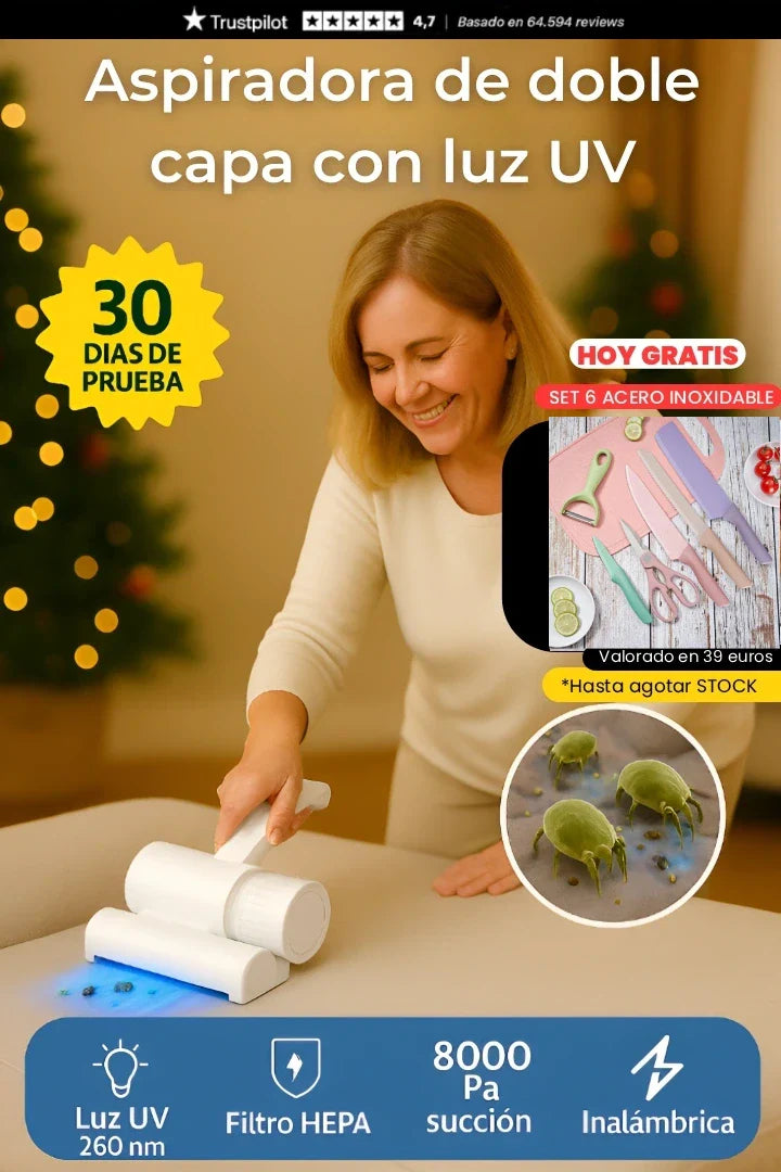 AspiraMax PRO™ — Limpieza profunda con luz UV esta Navidad: aspira y elimina ácaros, quita pelo de mascota y deja la casa impecable para recibir visitas sin preocuparte. *Inalámbrica (Hoy incluye SET COCINA 6 piezas acero inoxidable + ENVIO GRATIS)